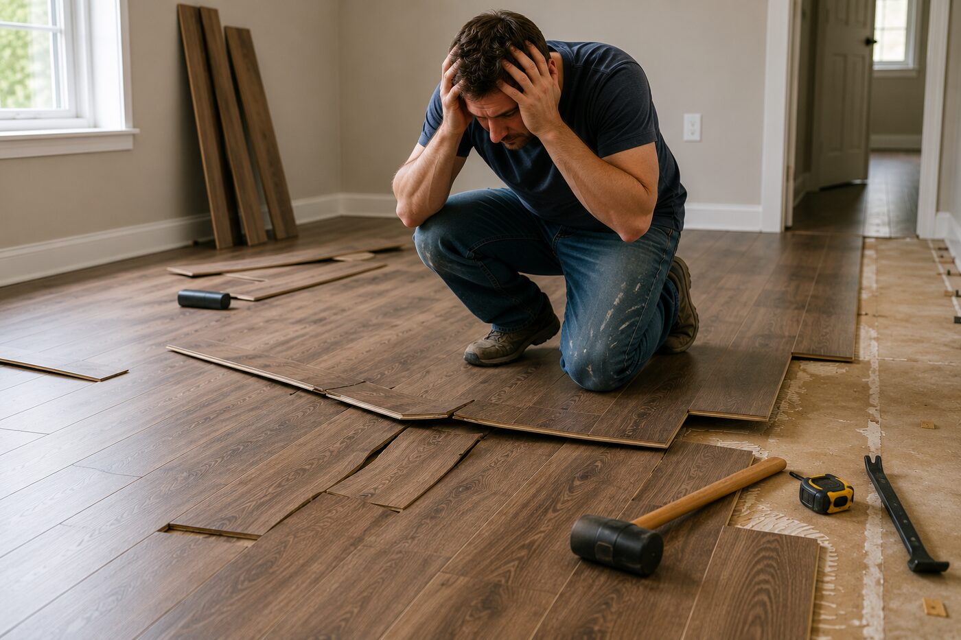 Homeowner frustrated by costly DIY flooring installation mistakes and damaged flooring