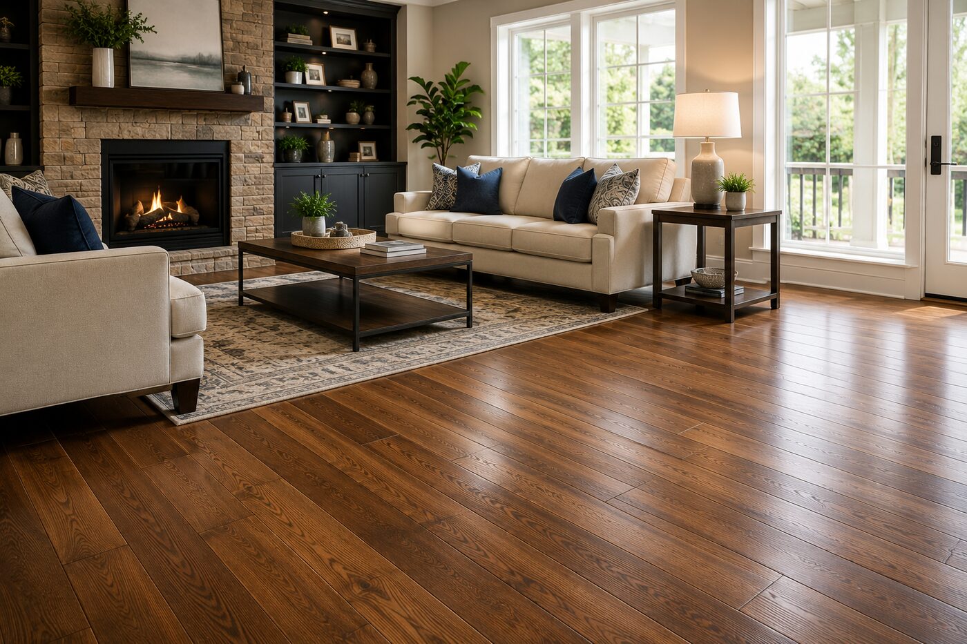 Beautiful professionally installed hardwood flooring in a modern living room