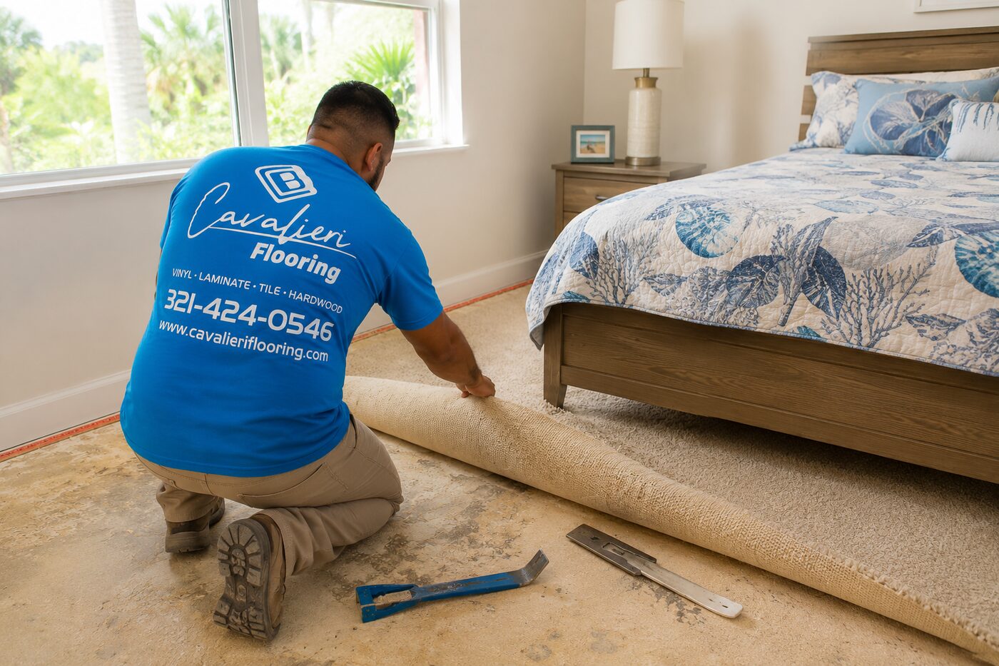 Cavalieri Flooring carpet removal Orlando FL bedroom pad tack strip disposal