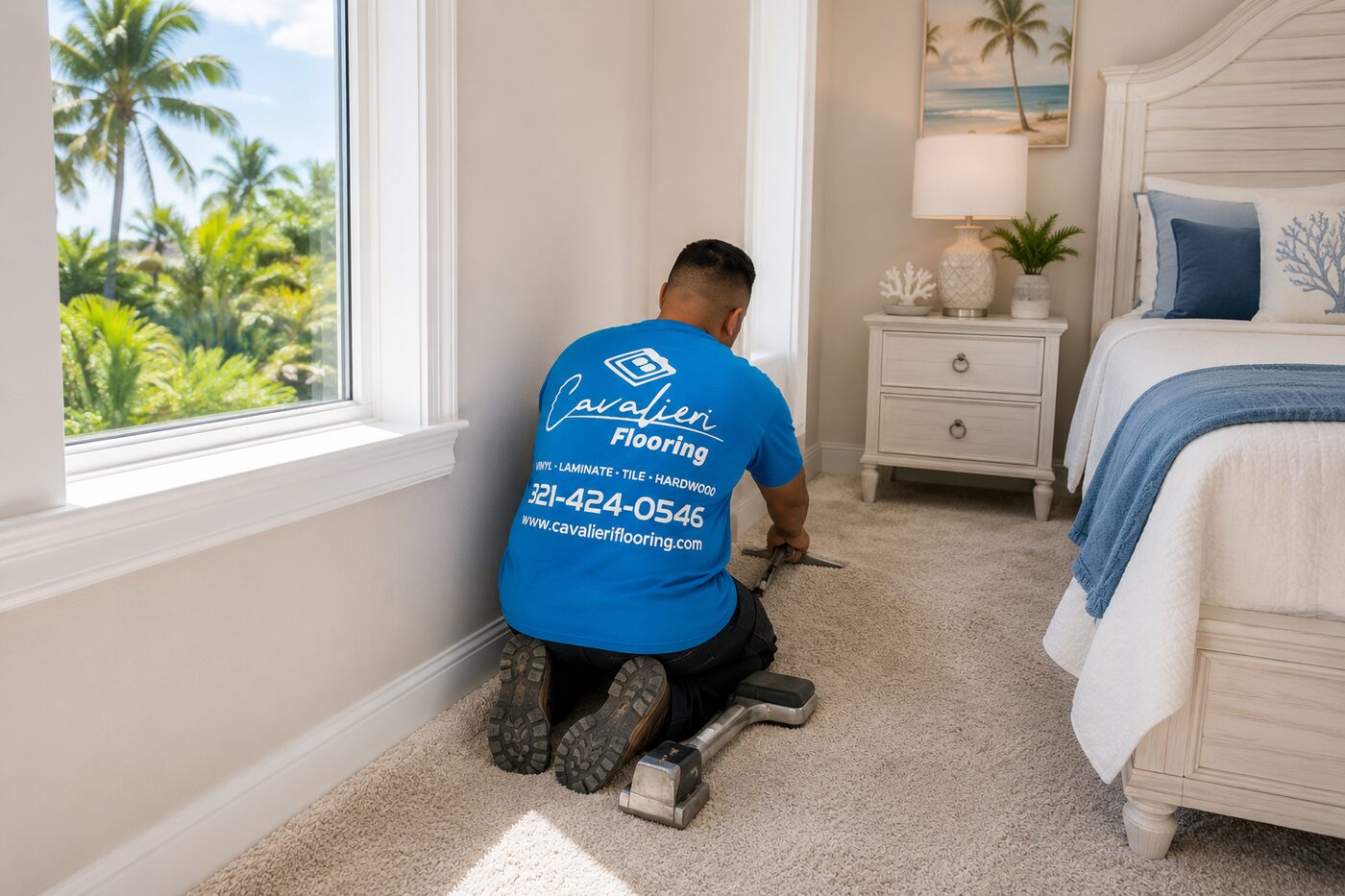 Cavalieri Flooring carpet power stretcher installation Orlando FL bedroom - moisture barrier pad and expert fitting