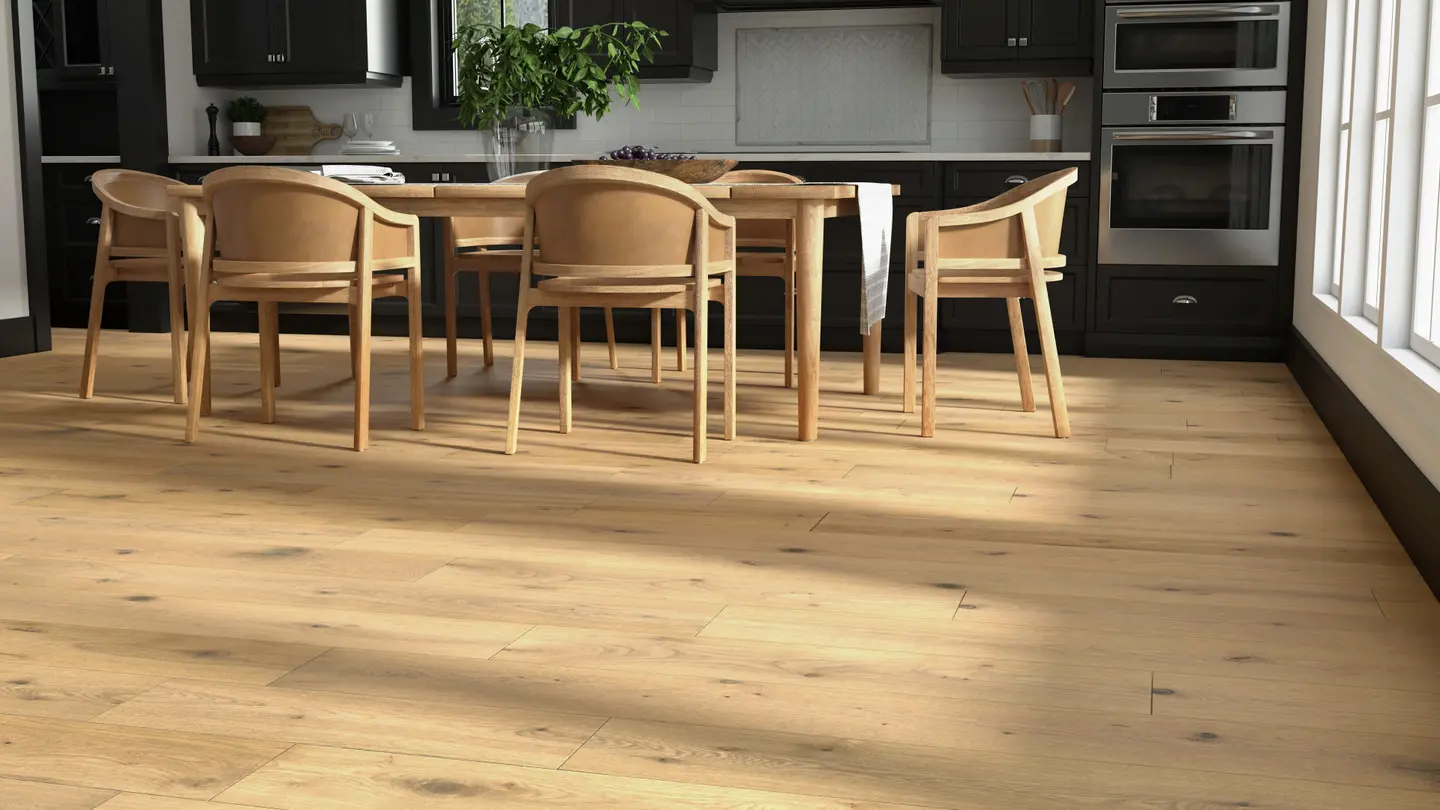 Blonde Wine hardwood flooring with an area rug in an Orlando interior — example of finish-safe rug pad use on real wood