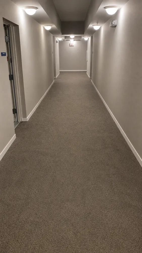 Vista Cay hallway before — worn old flooring in high-traffic corridor