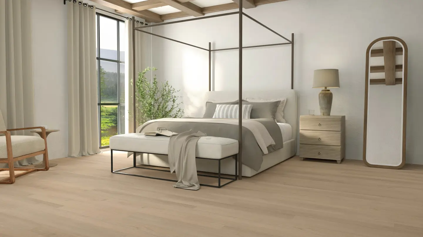 Walnut Shell laminate flooring in a bright Orlando interior — stable, flat planks maintained with humidity control