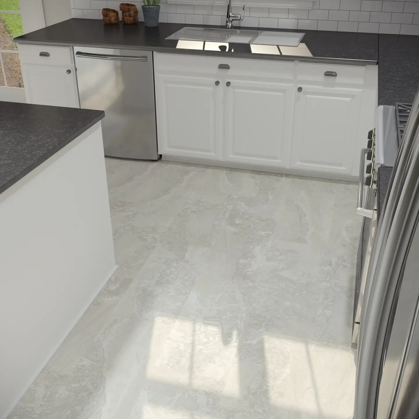 Stinson Marble waterproof laminate with a stone-look finish — easy-clean flooring for Orlando pet owners