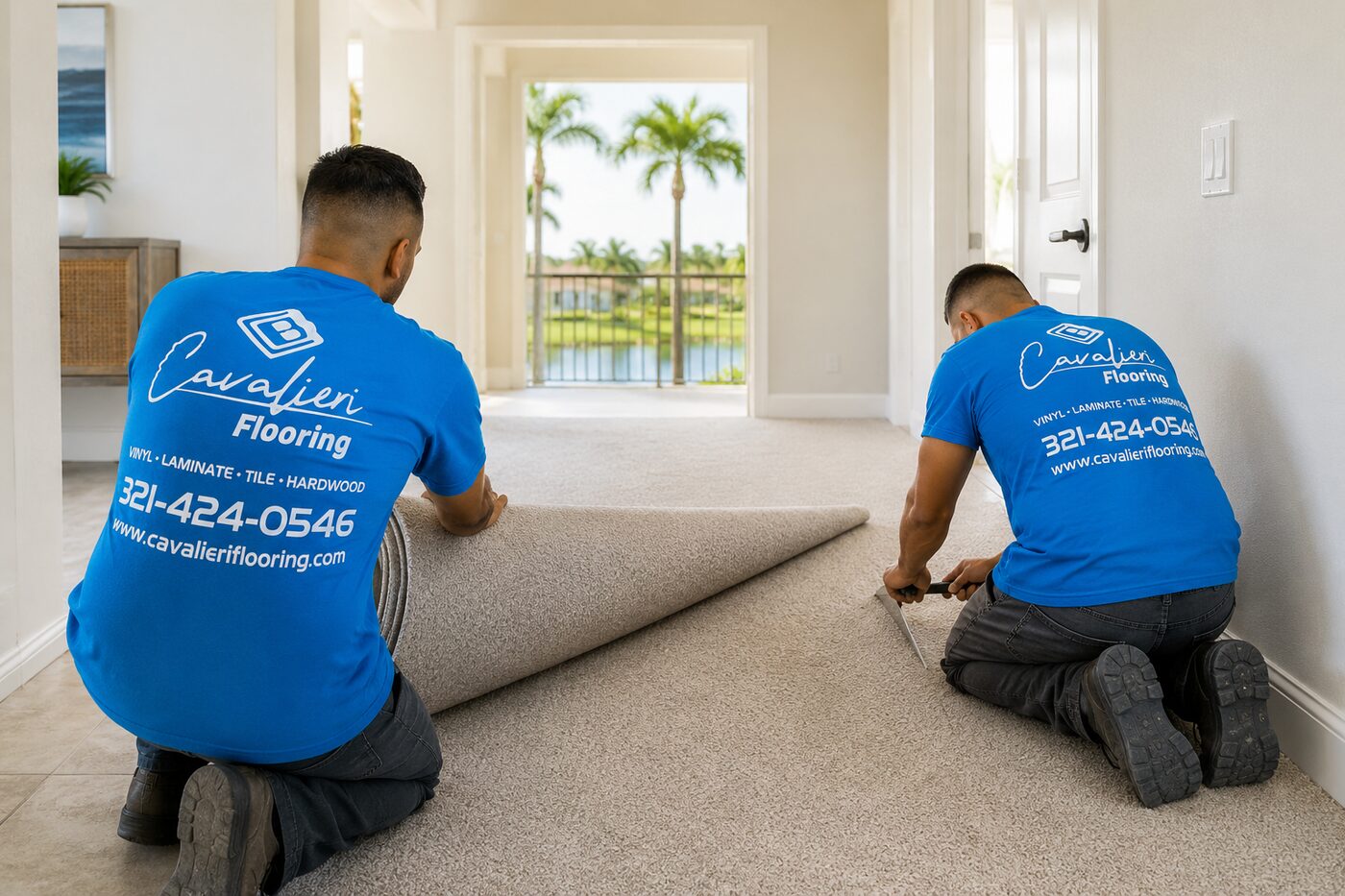 Cavalieri Flooring professional carpet installers Orlando FL - team fitting carpet in Central Florida home bedroom
