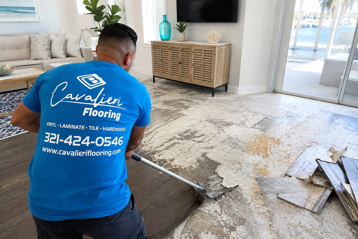 Cavalieri Flooring vinyl sheet removal Orlando FL living room demo demolition disposal